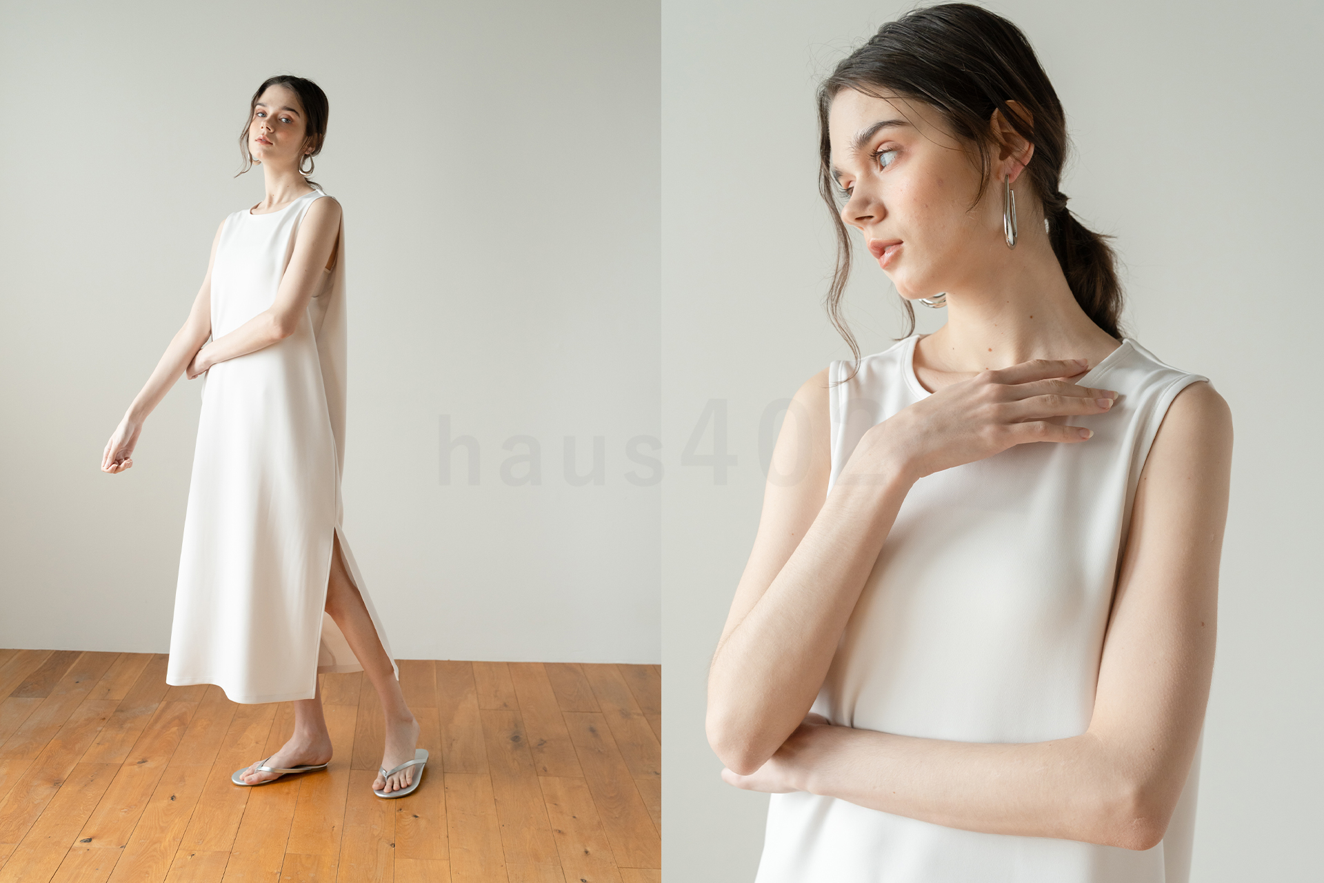 大阪のレンタル撮影スタジオhaus402の白壁（ホワイトバック）で撮影したレディースファッションモデル撮影