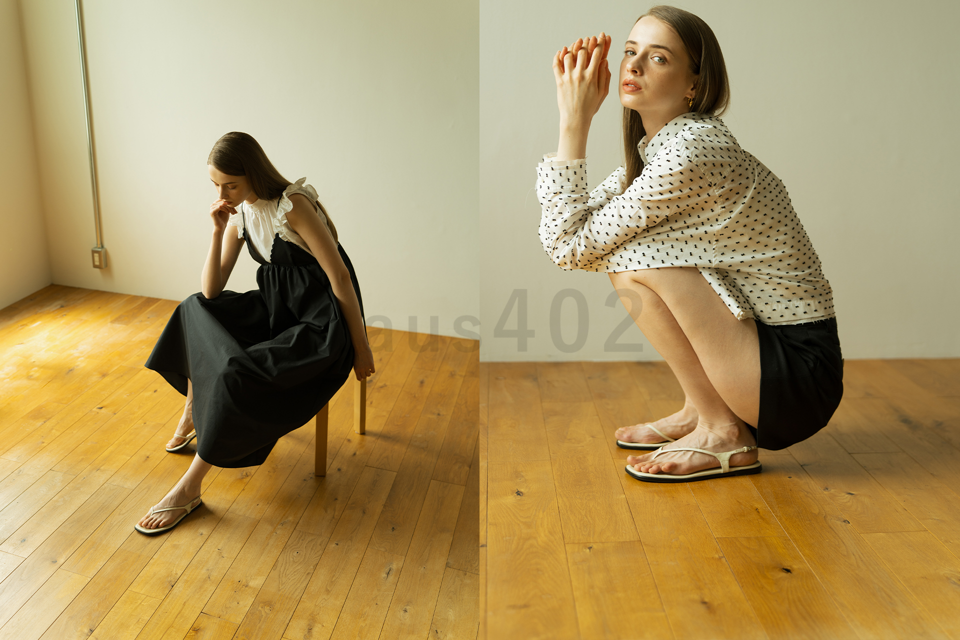 大阪のレンタル撮影スタジオhaus402の無垢材床を背景に撮影したレディースファッションモデル撮影