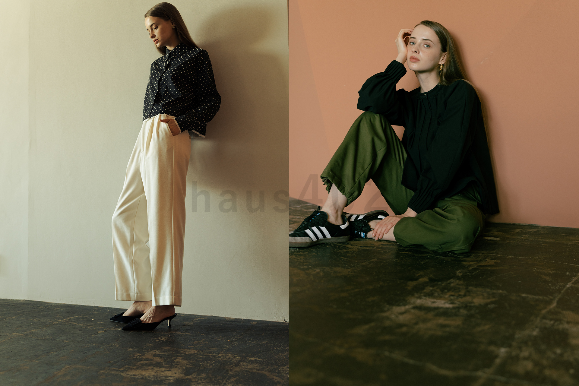 大阪のレンタル撮影スタジオhaus402のヴィンテージ床を背景に撮影したレディースファッションモデル撮影