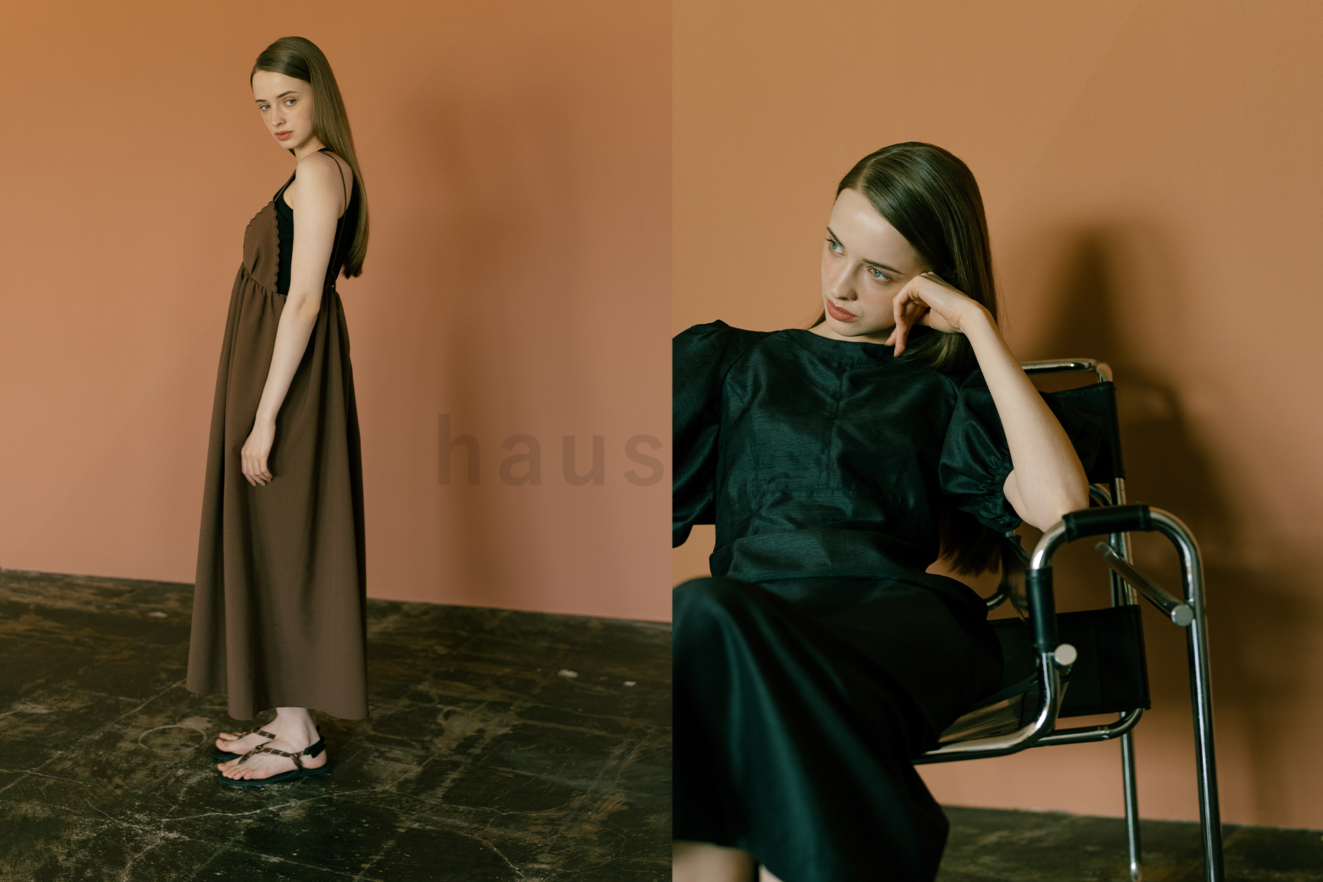 大阪のレンタル撮影スタジオhaus402のブラウンオレンジ壁を背景に撮影したレディースファッションモデル撮影