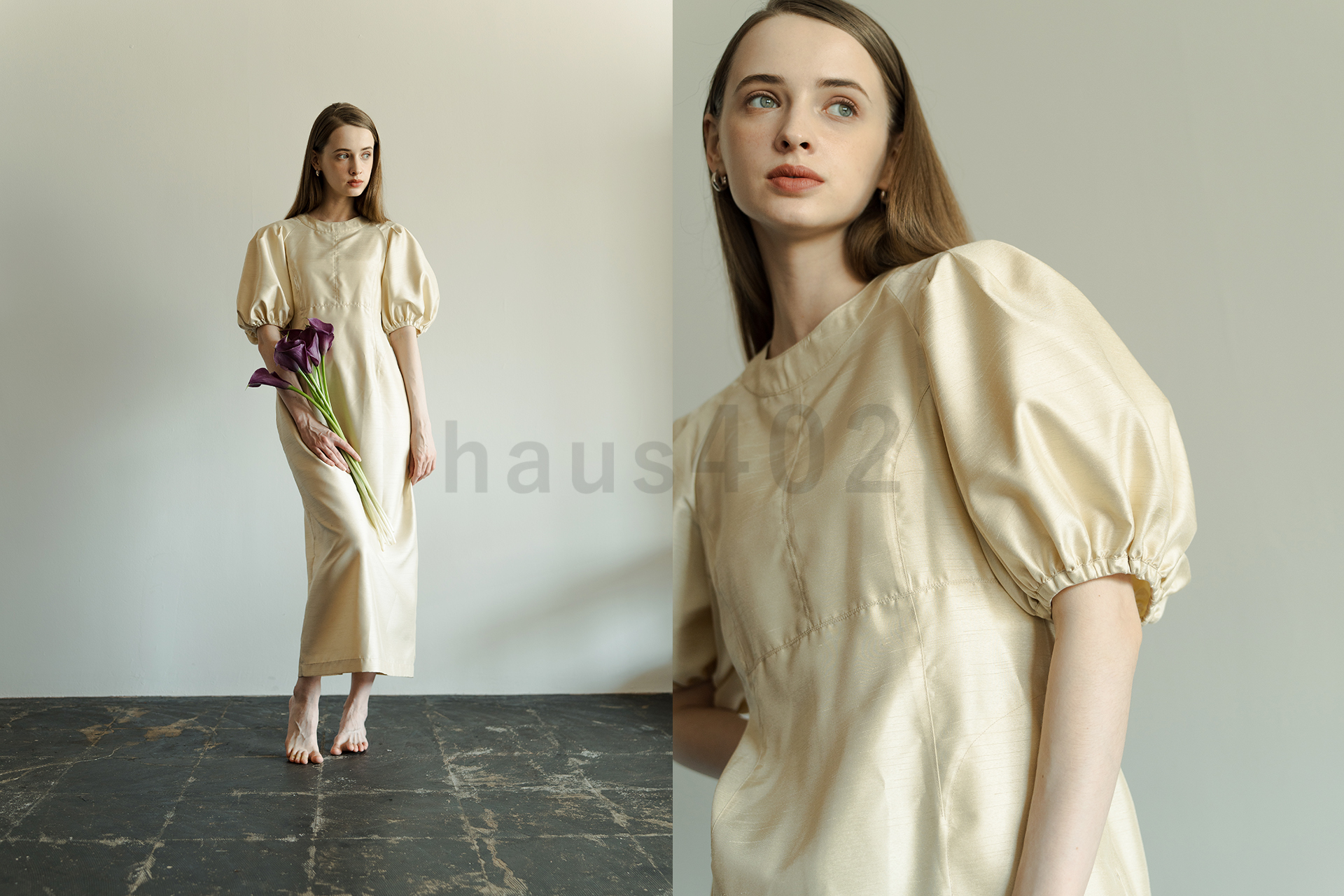 haus402で南西向きの大窓からの光をレースカーテンで拡散させて撮影したレディースアパレルモデル撮影