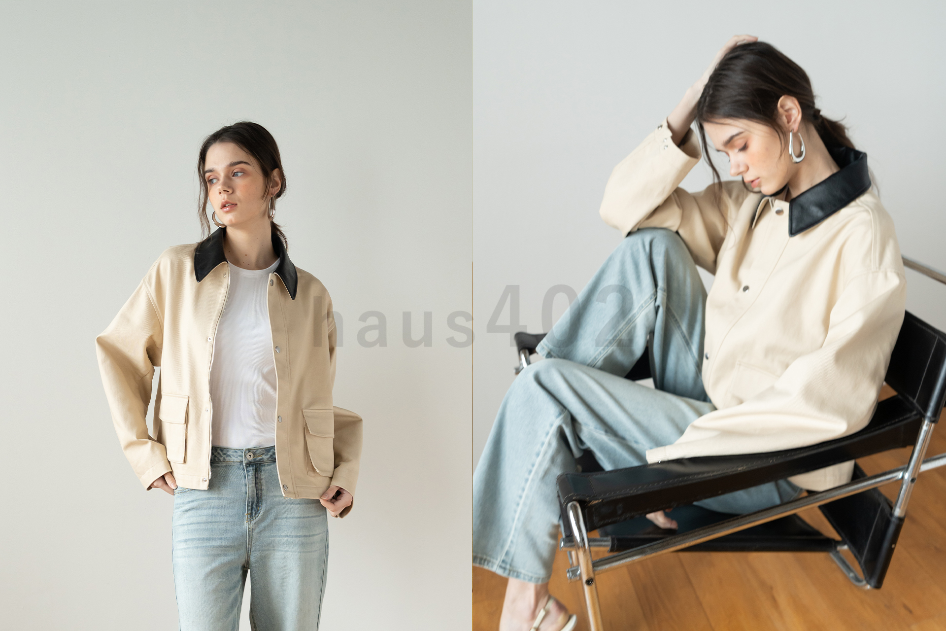 haus402でモデルを白壁の前に立たせた写真の無垢材の床を取り入れた自然なシーンのレディスアパレルモデル撮影